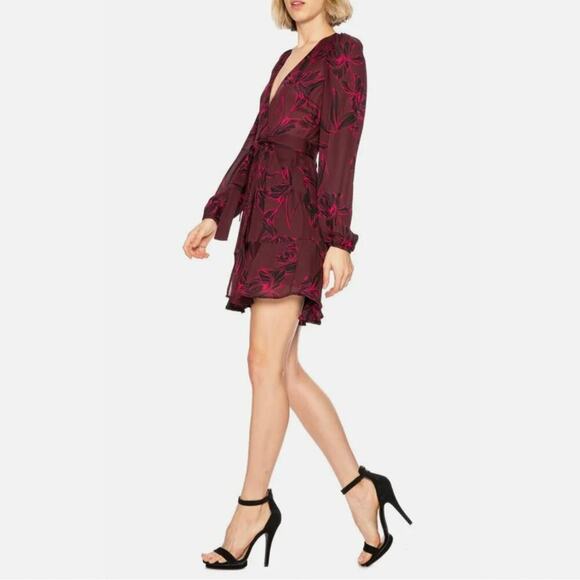A.L.C. Embry Wrap Silk Mini Dress in Bordeaux & Black - Picture 2 of 12